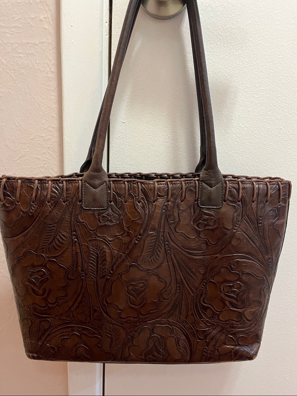 Hand-Tooled  ItalianLeather Tote in Brown — Classic Floral Design